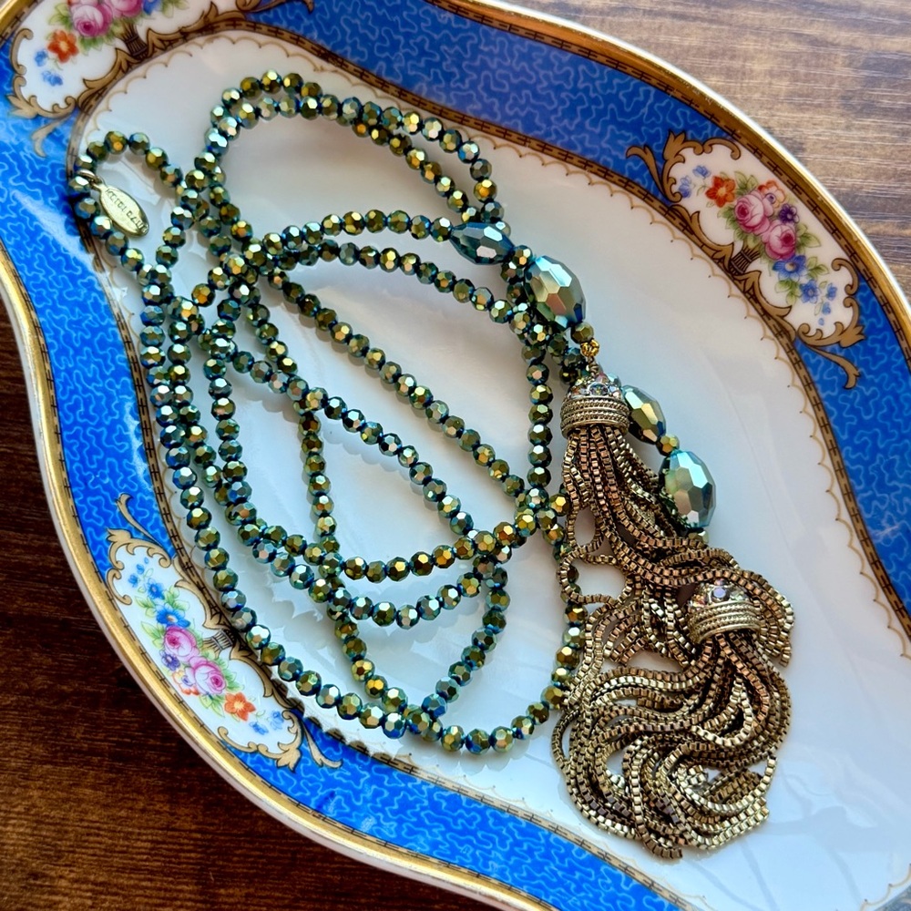 Heidi Daus Aurora Borealis Crystal Beaded Lariat Necklace Green AB Tassels